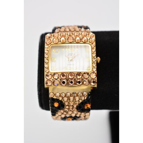 Kirks Folly Crystal Watch Bangle Bracelet Gold Leopard Print Rhinestone Bin6